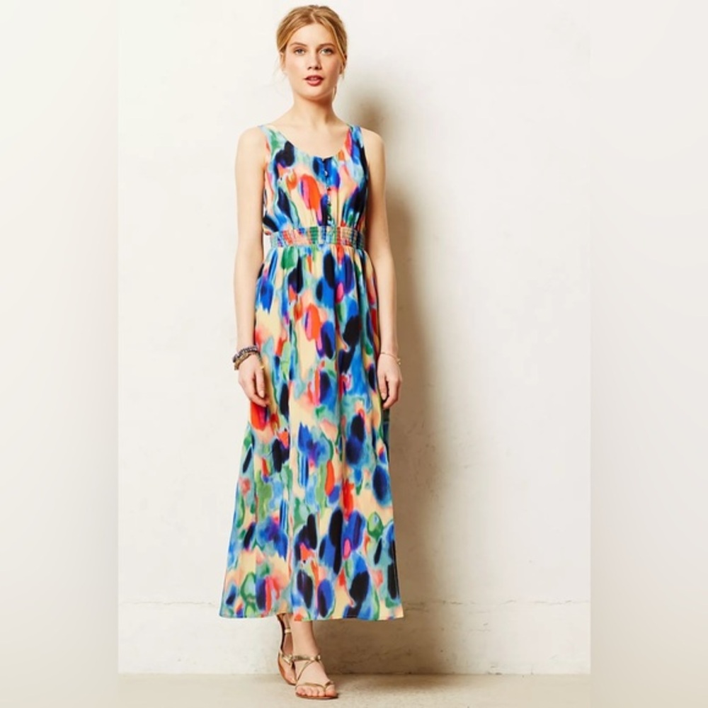 Maeve Aloisia Watercolor Maxi Dress, smocked bodice, front slits, silk design 0
